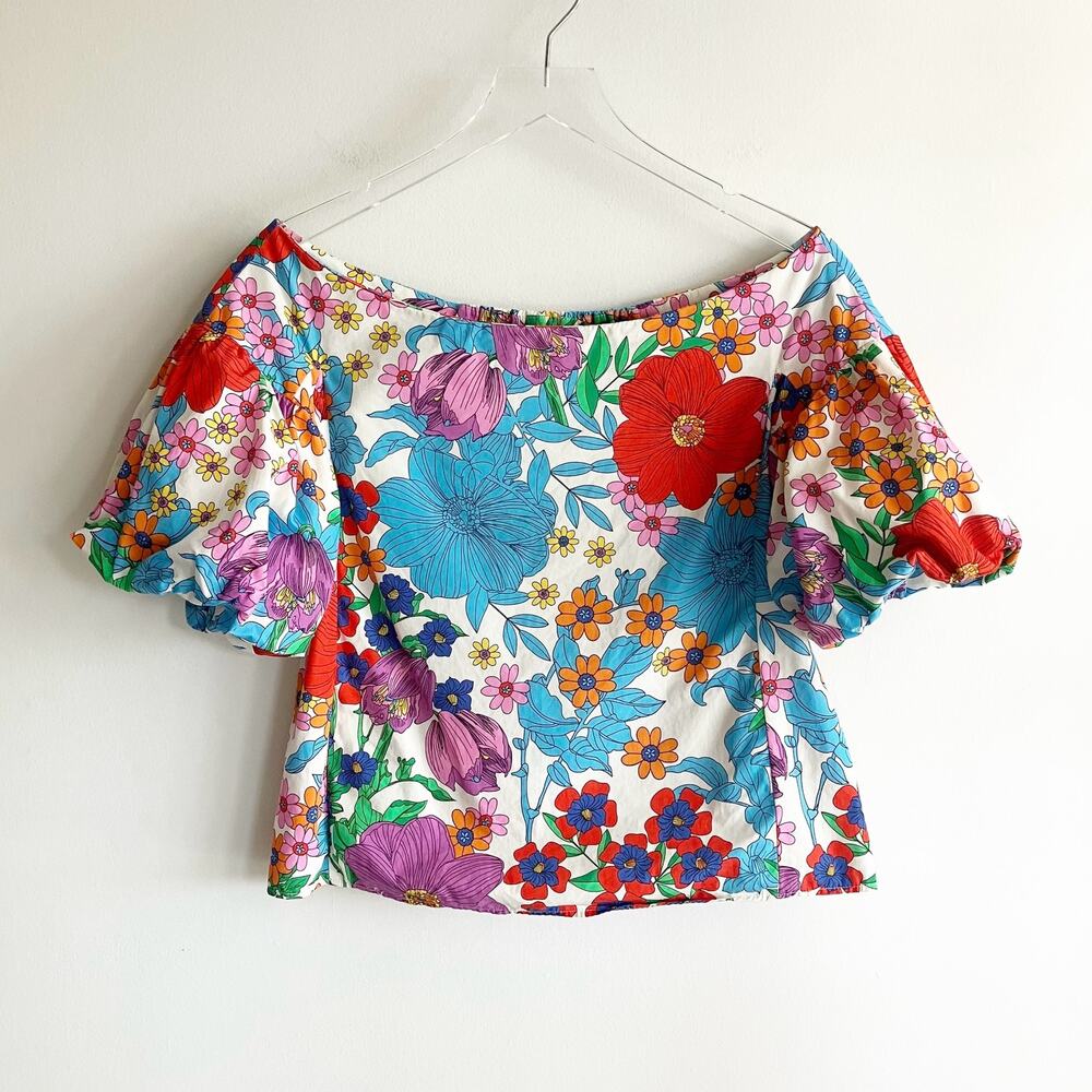 H&M Women's Size 6 Floral Print Top Short Sleeve Blouse Colorful Bold Spring